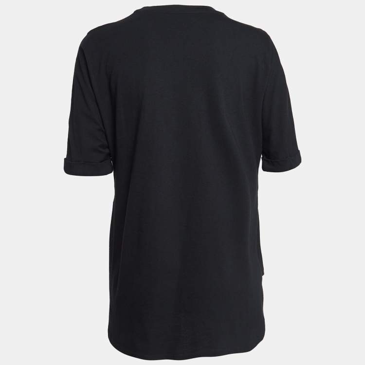 Pre Owned Fendi Black Logo Printed Jersey Embellished High-Low T-Shirt M