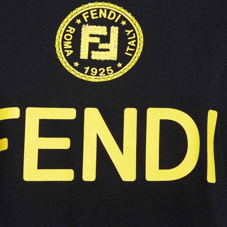 Pre Owned Fendi Black Logo Printed Jersey Embellished High-Low T-Shirt M