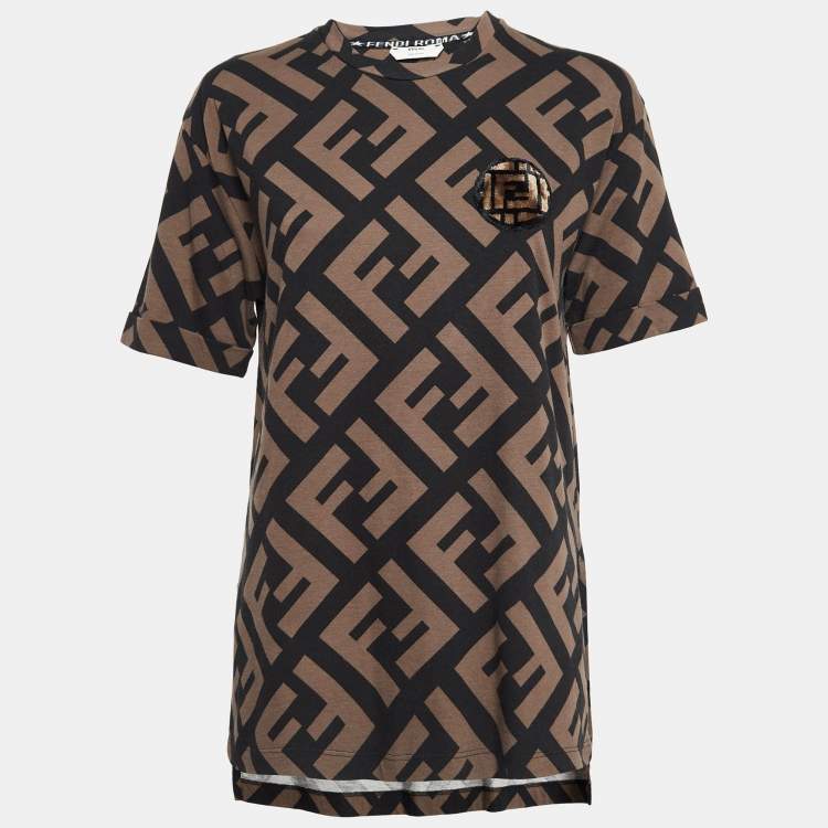 Pre Owned Fendi Brown Zucca Print Cotton Applique Crew Neck T- Shirt S