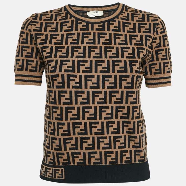 Pre Owned Fendi Black & Brown Zucca Monogram Knit Short Sleeve Pullover S