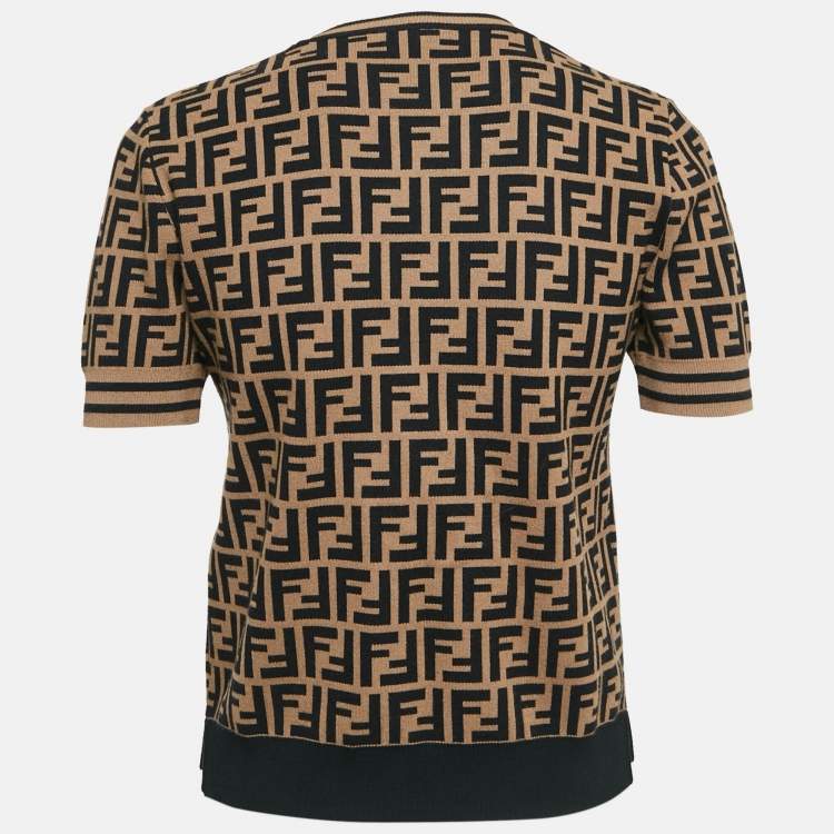 Pre Owned Fendi Black & Brown Zucca Monogram Knit Short Sleeve Pullover S