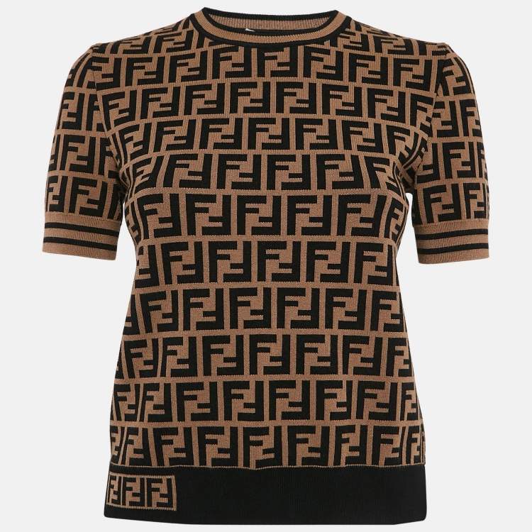 Pre Owned Fendi Brown Zucca Monogram Knit Short Sleeve Pullover S   