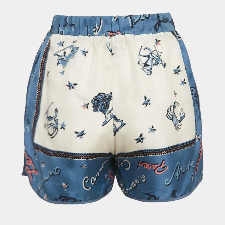 Pre Owned Fendi Blue/White Astrology Print Silk Shorts S