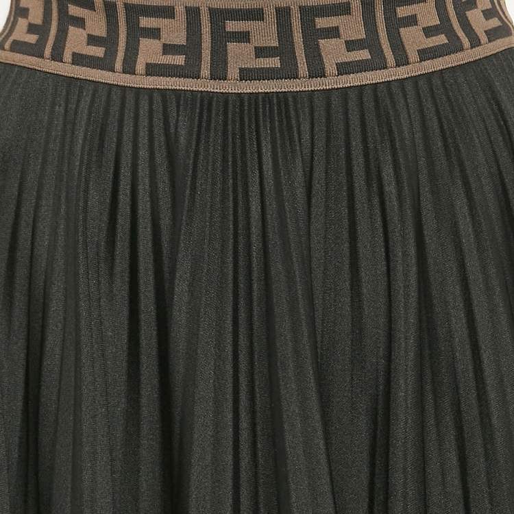 Pre Owned Fendi Black Zucca Trim Waistband Jersey Pleated Midi Skirt S