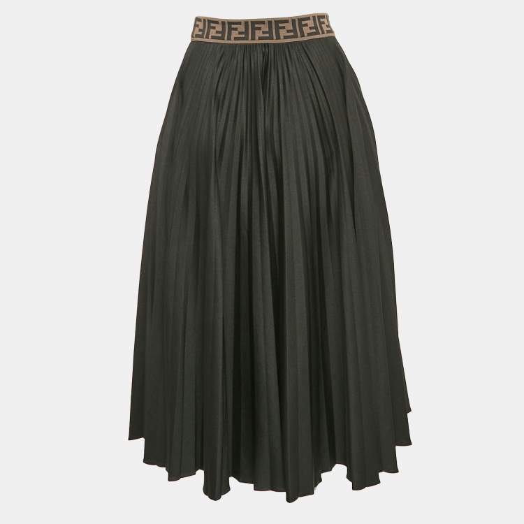 Pre Owned Fendi Black Zucca Trim Waistband Jersey Pleated Midi Skirt S