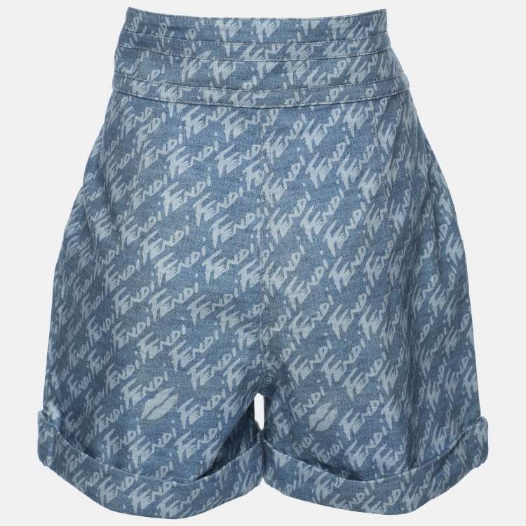 Pre Owned Fendi Blue Brushed Logo Denim High Rise Short S