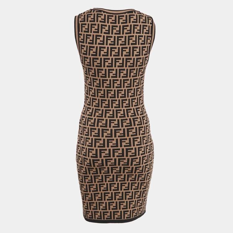 Pre Owned Fendi Brown Zucca Jacquard Knit Sleeveless Bodycon Dress S