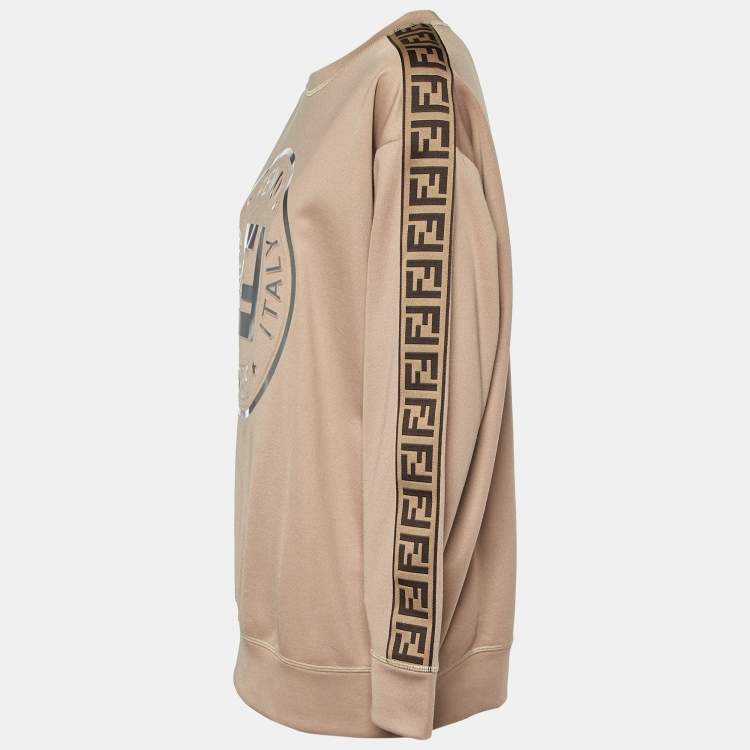مملوكة مسبقًا Fendi Beige Logo Embossed Jersey Crew Neck Sweatshirt S