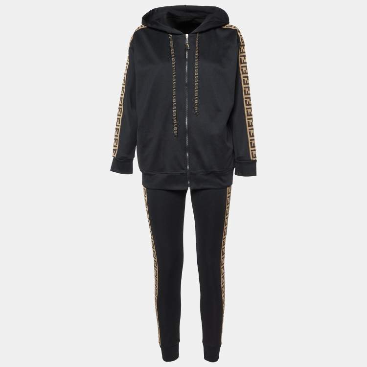 Pre Owned Fendi Black Jersey FF Logo Trim Track Suit XS/S
