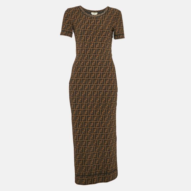 Pre Owned Fendi Brown Zucca Monogram Stretch Mesh Fitted Midi Dress S