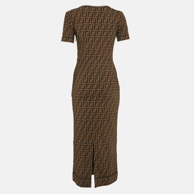 Pre Owned Fendi Brown Zucca Monogram Stretch Mesh Fitted Midi Dress S