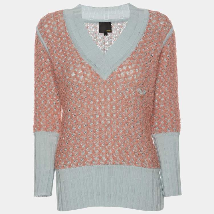 Pre Owned Fendi Peach/Light Blue Cotton Knit Blend Sweater S