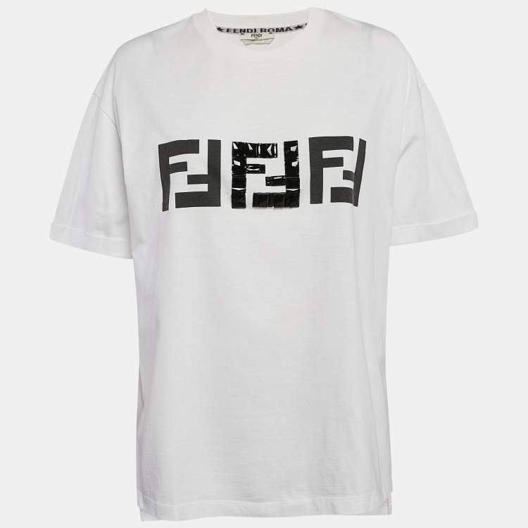 Pre Owned Fendi White Embellished Logo Cotton Oversized T-Shirt L