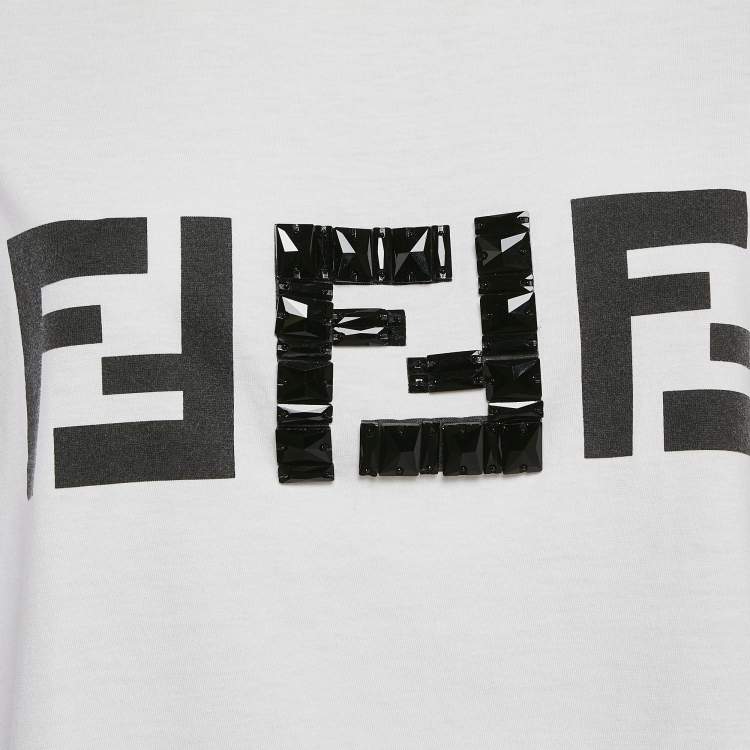 Pre Owned Fendi White Embellished Logo Cotton Oversized T-Shirt L
