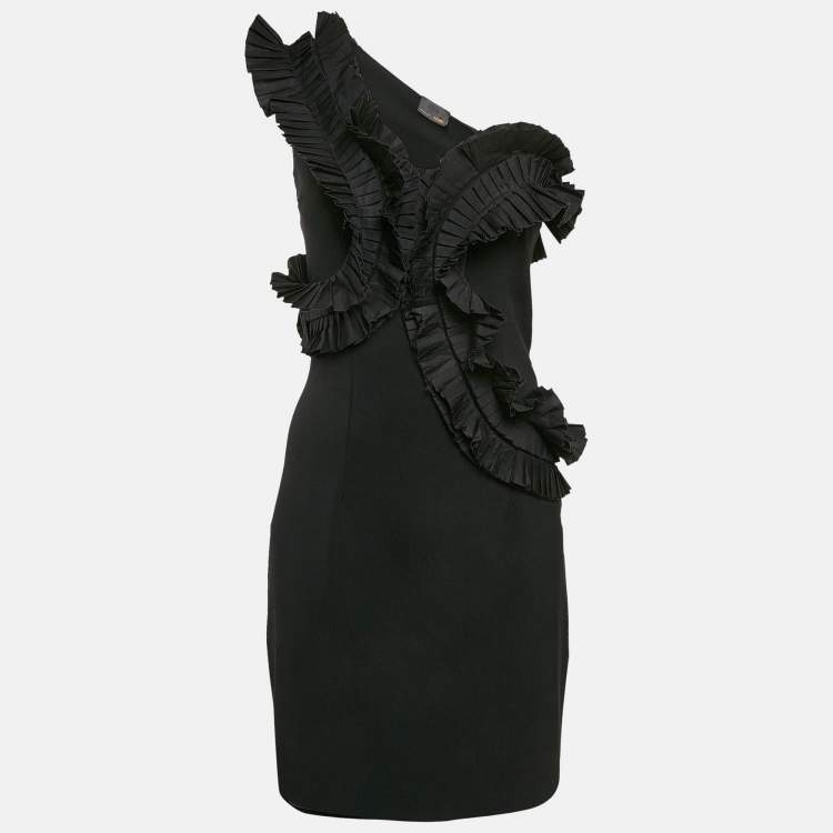 Pre Owned Fendi Black Nylon Gabardine Ruffled One-Shoulder Mini Dress M