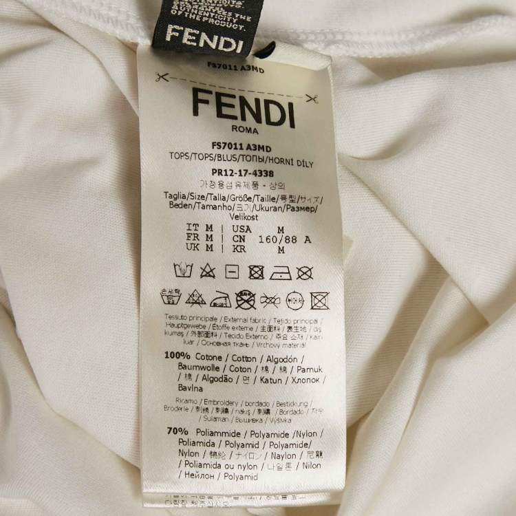 Pre Owned Fendi White Logo Embellished Cotton Crew Neck T-Shirt M