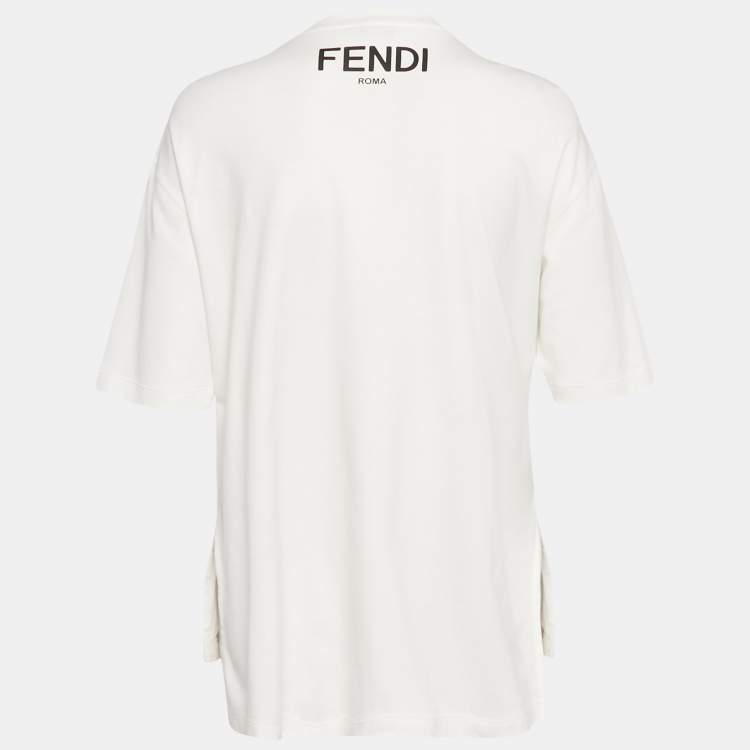 Pre Owned Fendi White Logo Embellished Cotton Crew Neck T-Shirt M