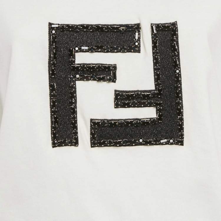 Pre Owned Fendi White Logo Embellished Cotton Crew Neck T-Shirt M