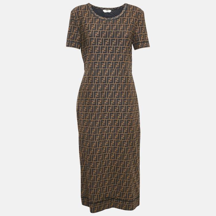 Pre Owned Fendi Brown Zucca Print Jersey Round Neck Midi Dress L