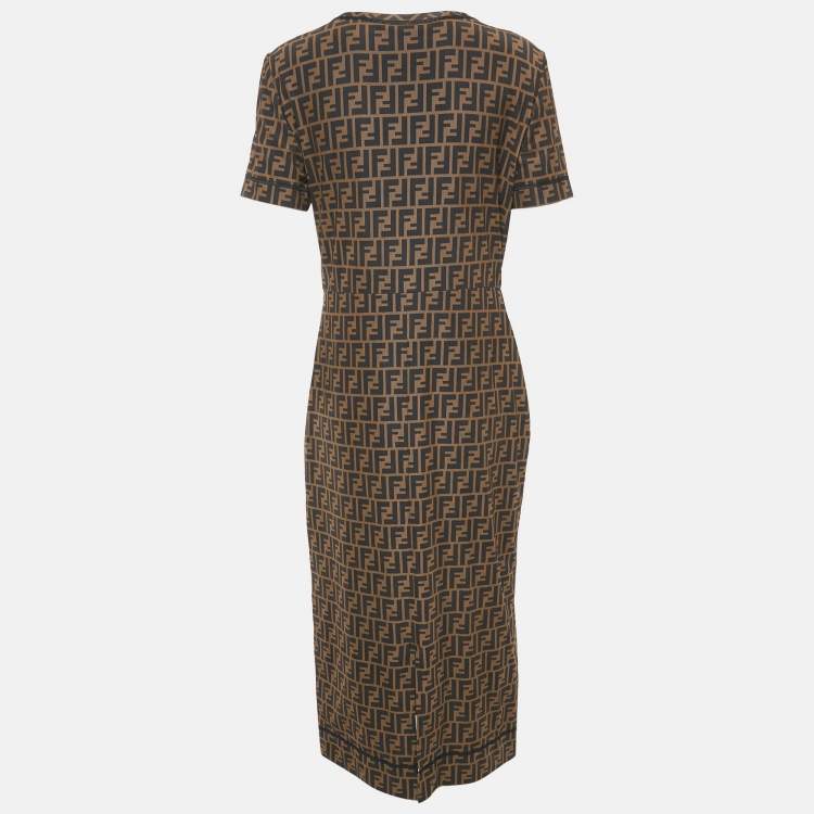 Pre Owned Fendi Brown Zucca Print Jersey Round Neck Midi Dress L