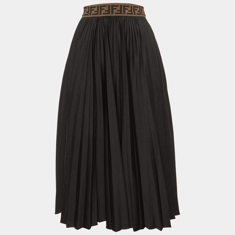 Pre Owned Fendi Black Jersey Logo Waist Band Pleated Midi Skirt S