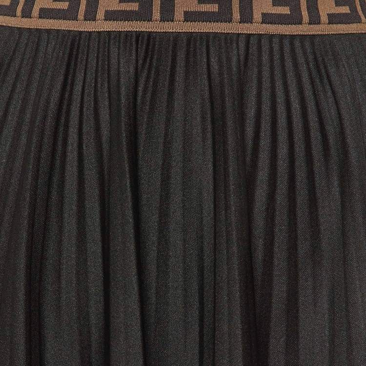 Pre Owned Fendi Black Jersey Logo Waist Band Pleated Midi Skirt S