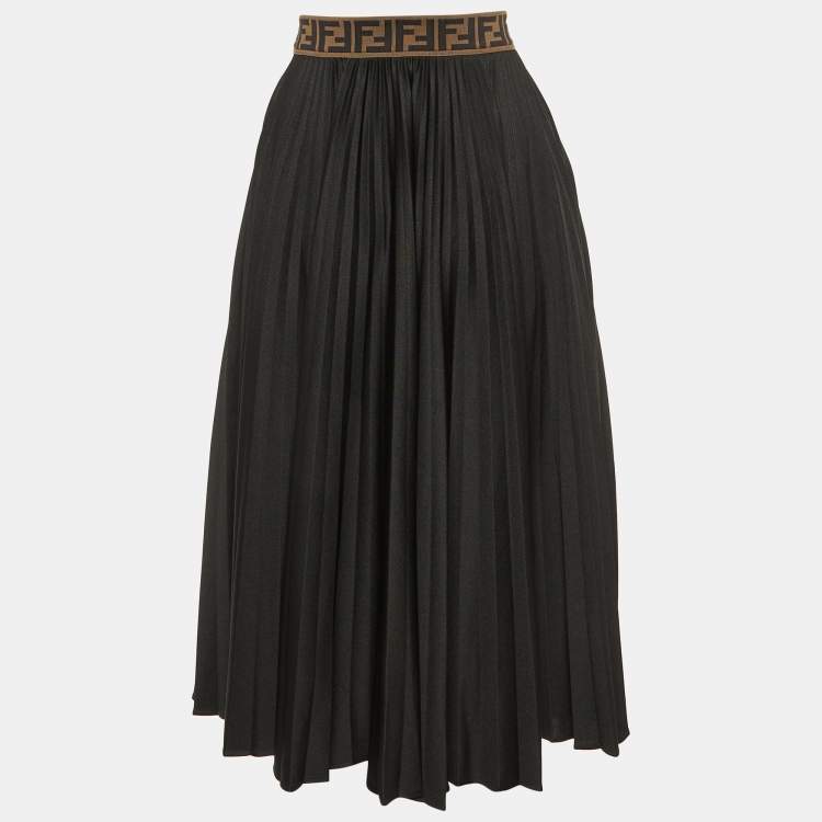 Pre Owned Fendi Black Jersey Logo Waist Band Pleated Midi Skirt S