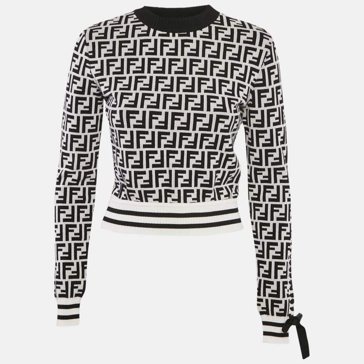 Pre Owned Fendi White/Black FF Logo Jacquard Knit Pullover S