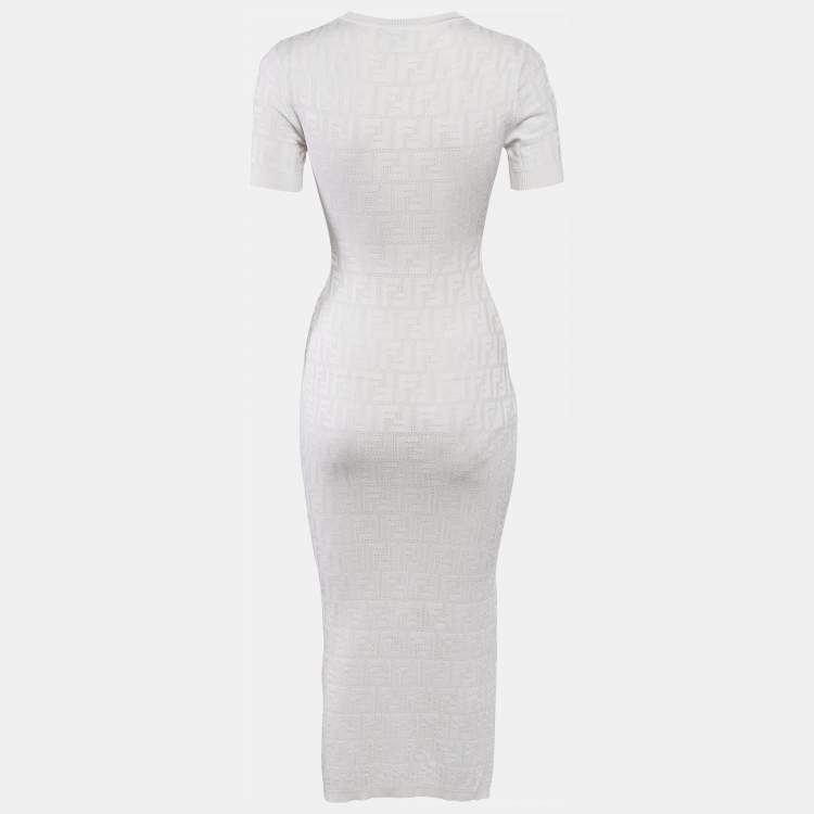 Pre Owned Fendi White FF Monogram Jacquard Knit Midi Sheath Dress XS