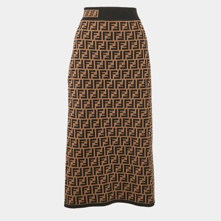 Pre Owned Fendi Brown FF Zucca Jacquard Knit Midi Skirt L