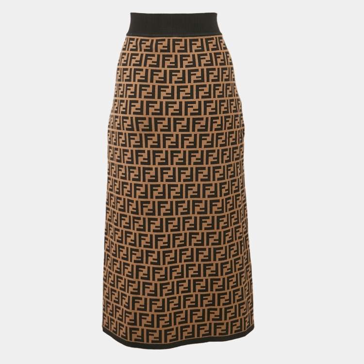 Pre Owned Fendi Brown FF Zucca Jacquard Knit Midi Skirt L