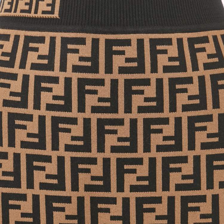Pre Owned Fendi Brown FF Zucca Jacquard Knit Midi Skirt L
