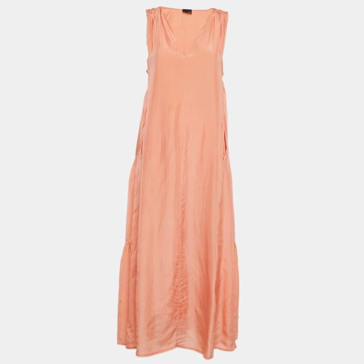 Pre Owned Fendi Light Orange Silk Sleeveless Tiered Maxi Dress M