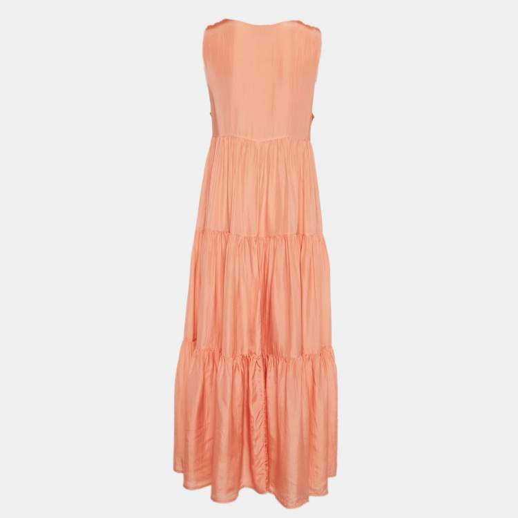 Pre Owned Fendi Light Orange Silk Sleeveless Tiered Maxi Dress M