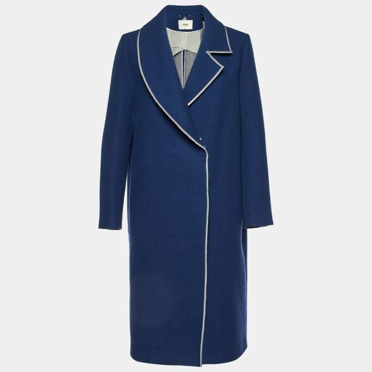 Pre Owned Fendi Navy Blue Fleece Wool Double Breasted Long Coat M