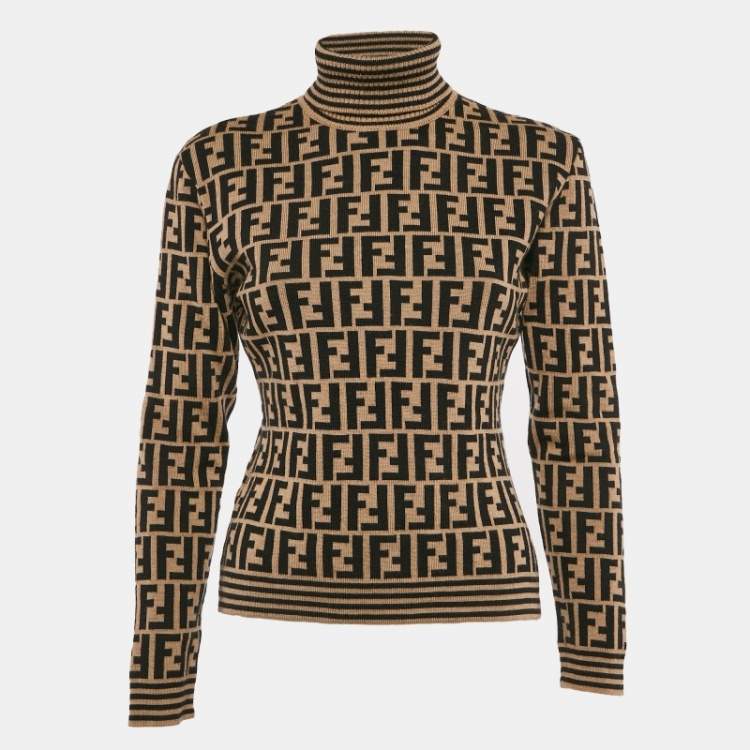 Pre Owned Fendi Vintage Brown Zucca Stretch Knit Turtle Neck Pullover M