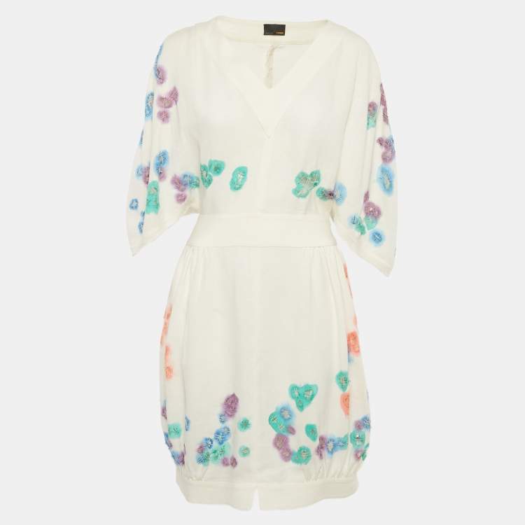 Pre Owned Fendi White Multicolor Distressed Linen Cut-Out Detail Short Dress M