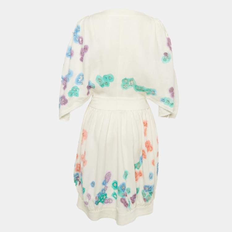 Pre Owned Fendi White Multicolor Distressed Linen Cut-Out Detail Short Dress M