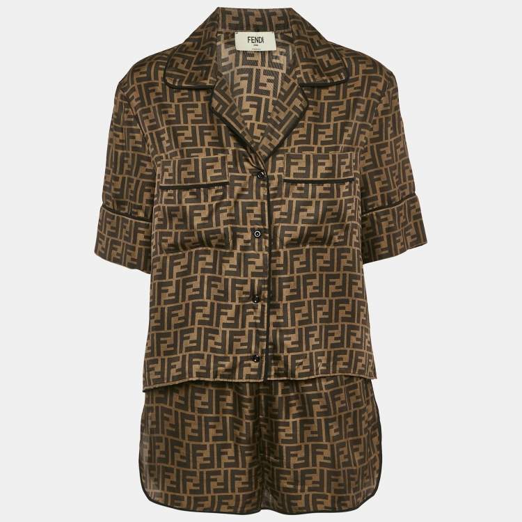 Pre Owned Fendi Brown Zucca Print Silk Pajama Top & Shorts M