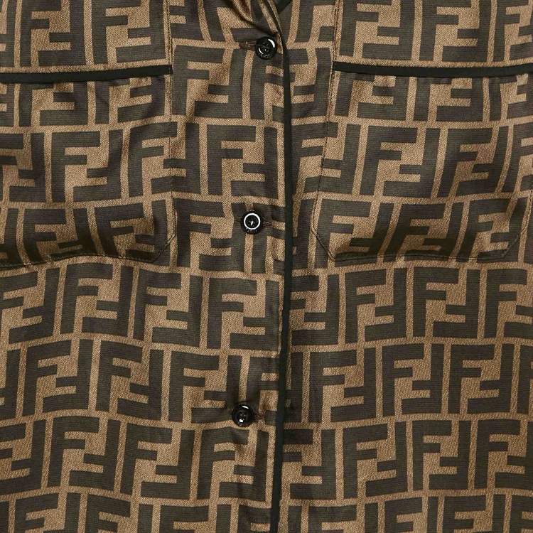 Pre Owned Fendi Brown Zucca Print Silk Pajama Top & Shorts M