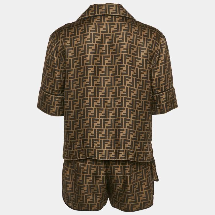 Pre Owned Fendi Brown Zucca Print Silk Pajama Top & Shorts M
