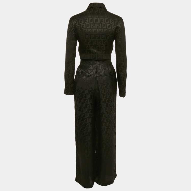 Pre Owned Fendi Black Zucca Jacquard Silk Pajama Top & Pants Set S