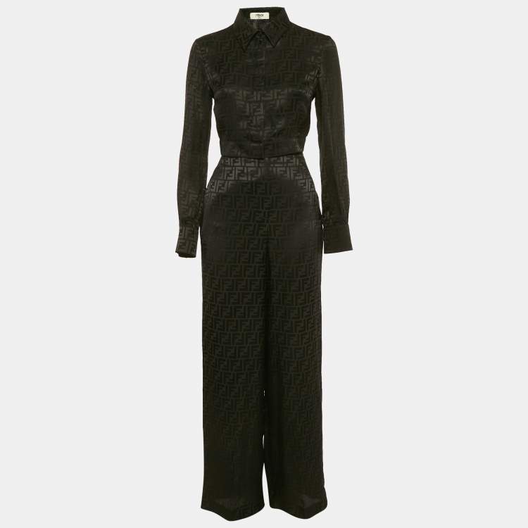 Pre Owned Fendi Black Zucca Jacquard Silk Pajama Top & Pants Set S