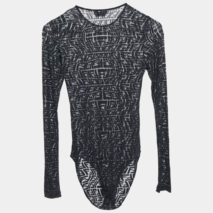 Pre Owned Fendi Black FF Stretch Tulle Sheer Bodysuit XS