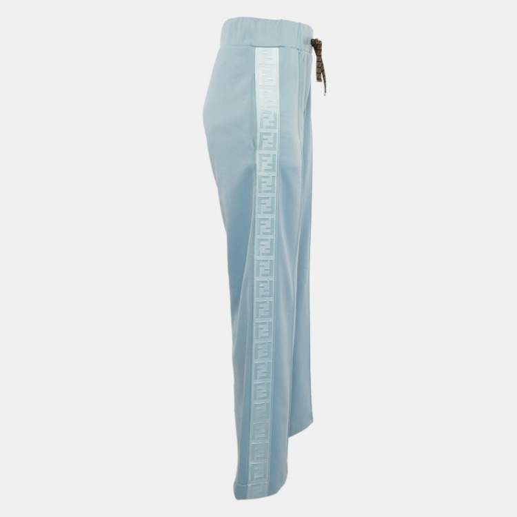 مملوكة مسبقًا Fendi Light Blue Logo Side Stripe Jersey Wide Leg Track Pants S