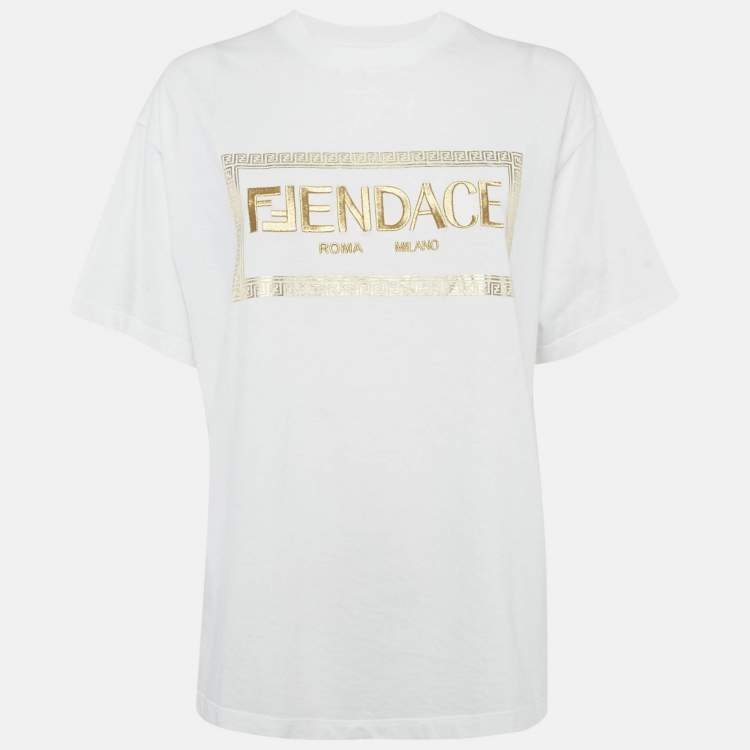 Pre Owned Fendi White Logo Embellished Cotton Crew Neck T-Shirt M