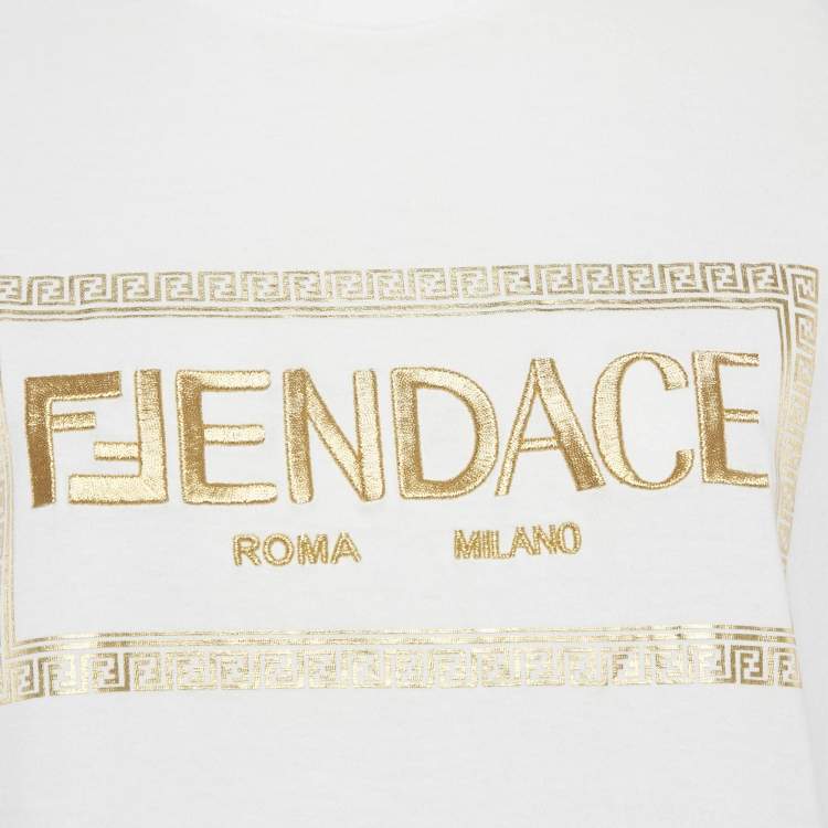 Pre Owned Fendi White Logo Embellished Cotton Crew Neck T-Shirt M