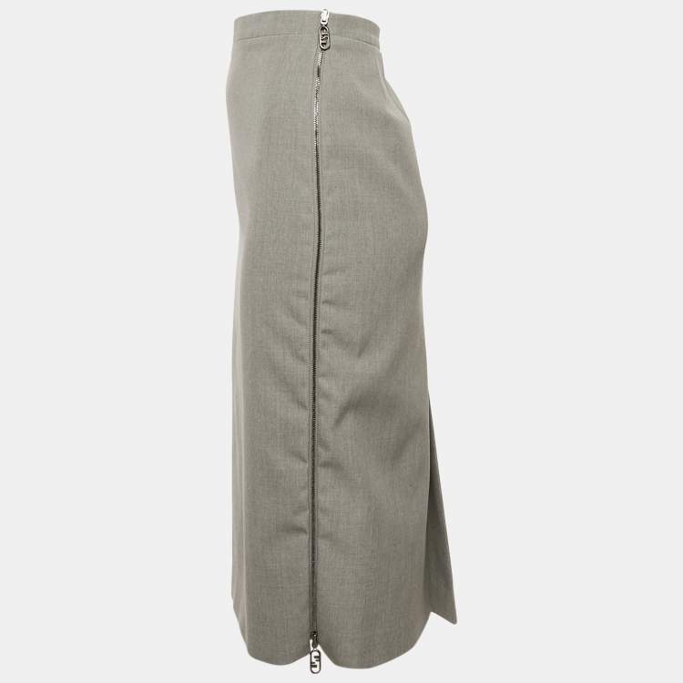 Pre Owned Fendi Grey Wool Zipper Detail Pencil Skirt M