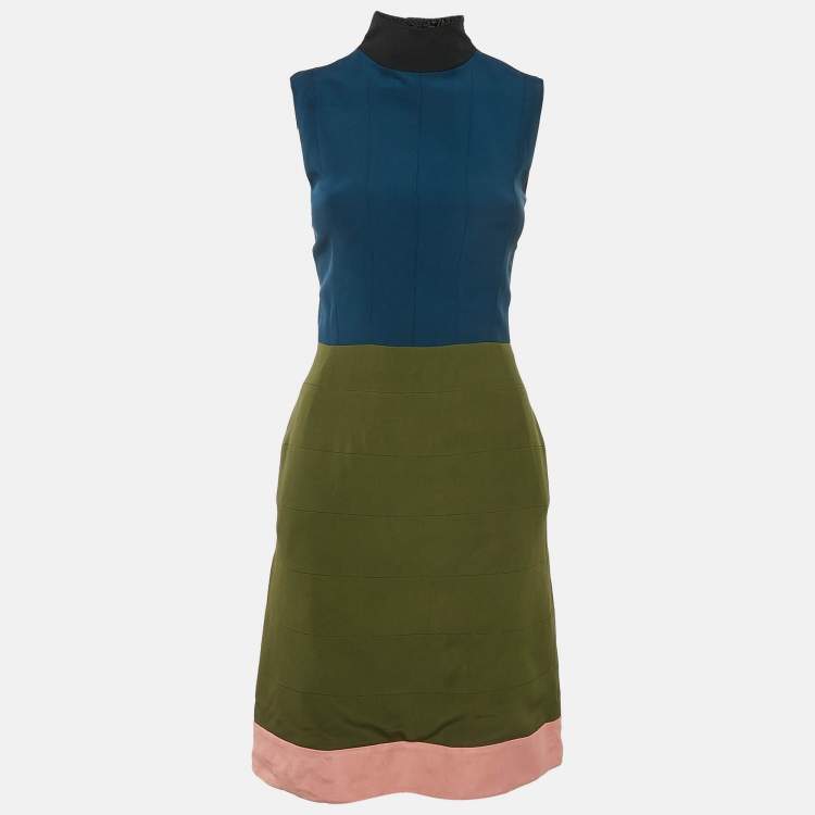 Pre Owned Fendi Green/Blue Crepe Sleeveless Short Dress S