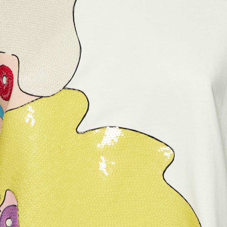 Pre Owned Fendi White Cotton Graphic Beads Embellished T-Shirt S